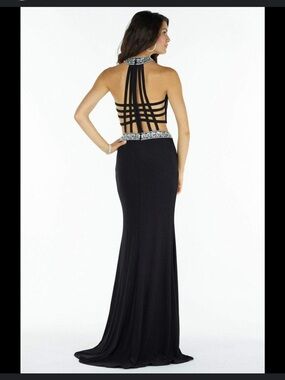 Alyce Paris Black Beaded Two Piece Prom Gown Open Back Halter 4 Rare Formal